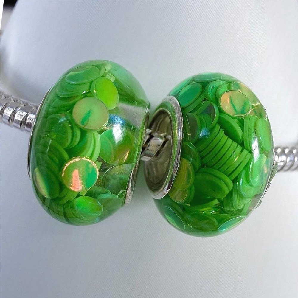 2 PCs Green Sequin Silver Bead Charm Fits Snake Chain Bracelet